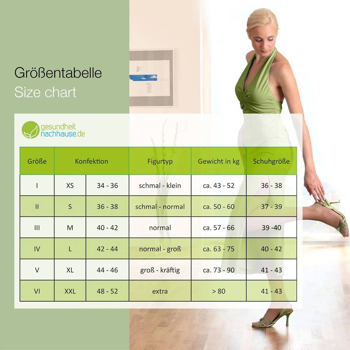 Größentabelle für Calypso Stützststrümpfe und Stützstrumpfhosen