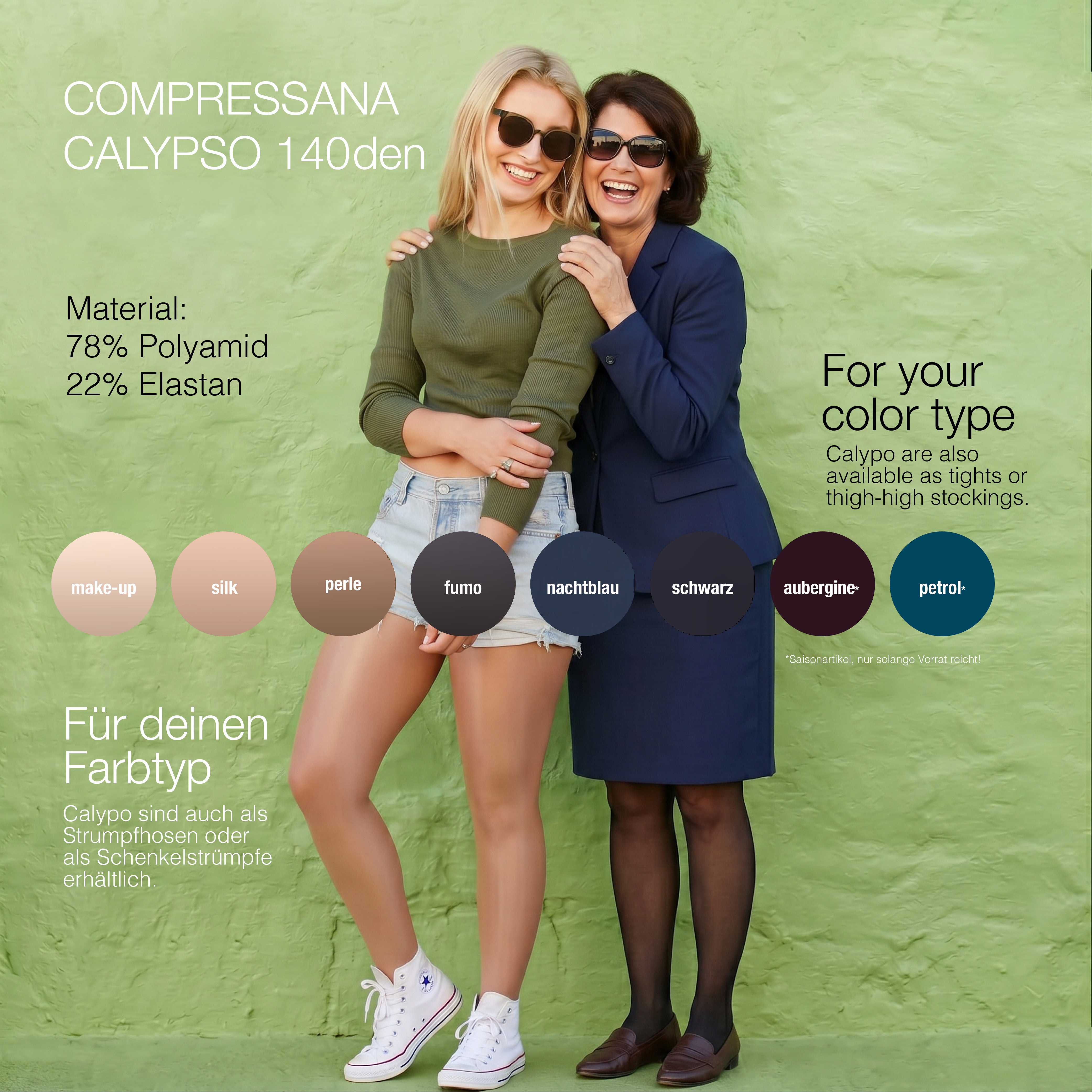 Compressana-Calypso-140-Strumpfhose Bild mit zwei Frauen und acht Farbvarianten